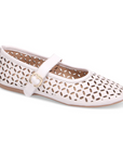 Mary Jane Flat in white genuine leather with floral laser-cut design, Velcro strap and tan outsole.
