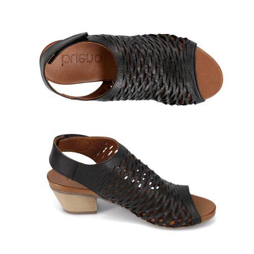 Profile and top view of Lacey sandal in black. The block heel is angled inwards.