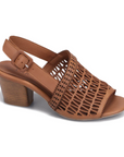 Brown leather heeled sandal with adjustable backstrap and perforated leather upper. Features a 2 and 3/4 inch block heel.