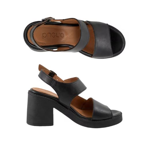 Top and profile view of Myla heeled sandal. Asymmetrical black leather upper, brown leather footbed, and black outsole.