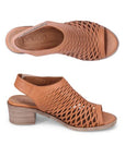 Top and side views of tan Bueno Olsen slingback heeled sandal for women, showcasing open-toe mesh design and supportive 2-inch heel.
