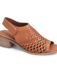 Bueno Olsen slingback heeled sandal in tan for women, featuring breathable laser-cut upper and cushioned block heel for all-day comfort.