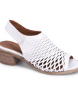 Women's Bueno Olsen slingback heeled sandal in white with laser-cut mesh design, 2-inch block heel, and Velcro strap for stylish summer wear.