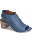 Blue peep-toe slingback sandal with tan footbed and a brown block heel.