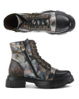 Top and side views of Women's L'Artiste Carnelian Combat Boot in gray camo leather, featuring lace-up front and decorative zipper.