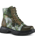 Women's L'Artiste Carnelian Combat Leather Boot in green camo with side zipper, lace-up front, and chunky black outsole for edgy fall style.