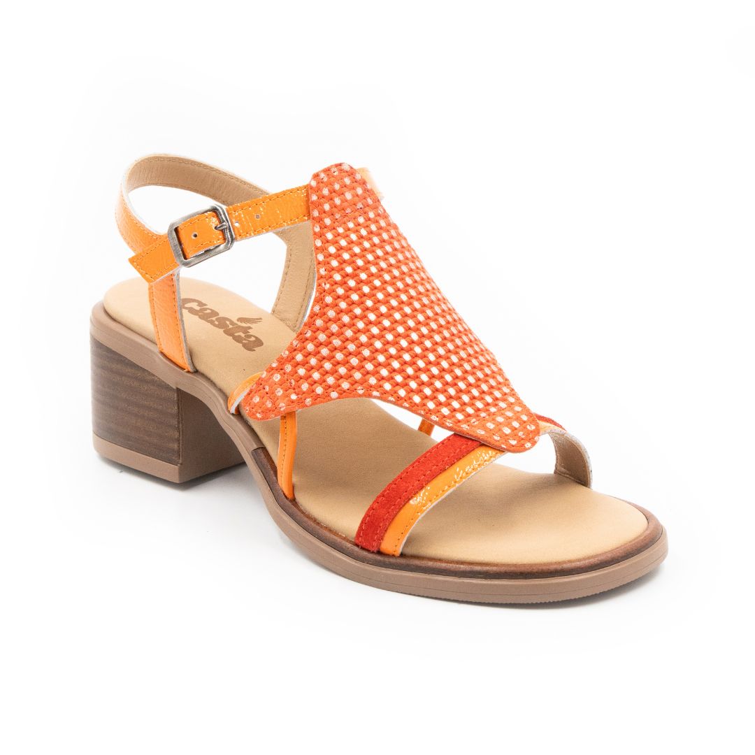 Women's Casta Cade Heeled Leather Sandal in orange with woven upper, stacked 1.8-inch heel, and adjustable backstrap, handmade in Turkey.