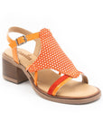Women's Casta Cade Heeled Leather Sandal in orange with woven upper, stacked 1.8-inch heel, and adjustable backstrap, handmade in Turkey.