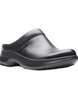 Black leather clogs with slight platform outsole and small embossed Clarks logo at the instep.