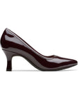 Deep Merlot red patent leather kitten heel with pointed toe and black rubber outsole.