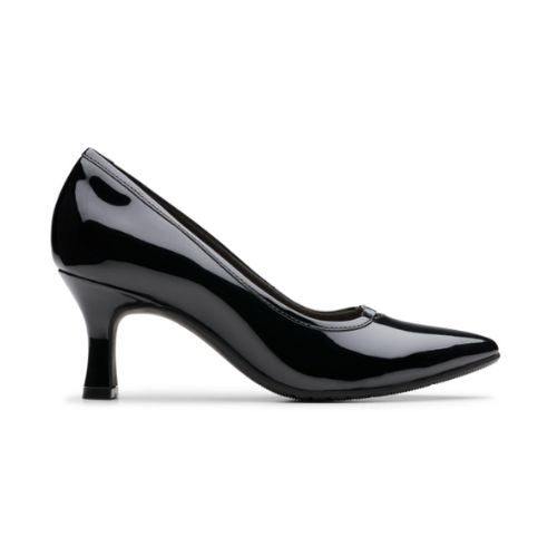 Black patent leather kitten heel with pointed toe and black rubber outsole.