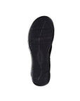 Outsole of backstrap sandal with textured rubber and Clarks logo stamped in middle.