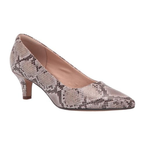 Pointed toe snake print leather low kitten heeled pump by Clarks.