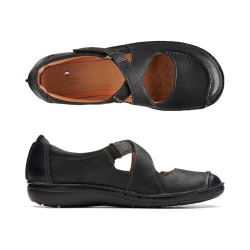 Top and profile view of UNLoop Strap Mary Jane. Toe has asymmetrical apron stitching.