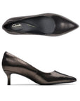 Pair of A metallic pointed-toe court shoe with a low heel and textured upper.