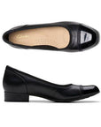 Top and profile view of Krystine May flat. Insole is beige with Clarks branding.