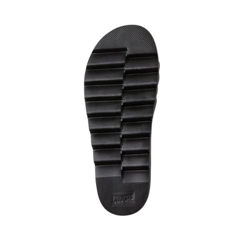 Outsole of the Pool Party sandal in black. Solid black EVA with deep grooves and Cougar logo at the heel.