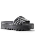 Pool Party Slide Sandal in Black. A solid coloured black sandal with a 1.5 inch platform outsole, designed with deep grooves.