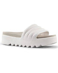 Outsole of the Pool Party sandal in Vanilla. Solid white EVA with deep grooves and Cougar logo near the heel.