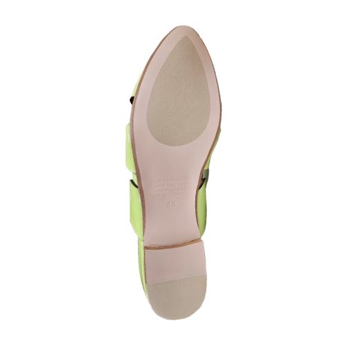 Bottom view of lime green Django & Juliette Forli mule showing smooth sole and cushioned heel for comfortable wear.