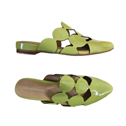 Top and side view of lime green Django & Juliette Forli mules featuring glossy leather and bold geometric cutouts.