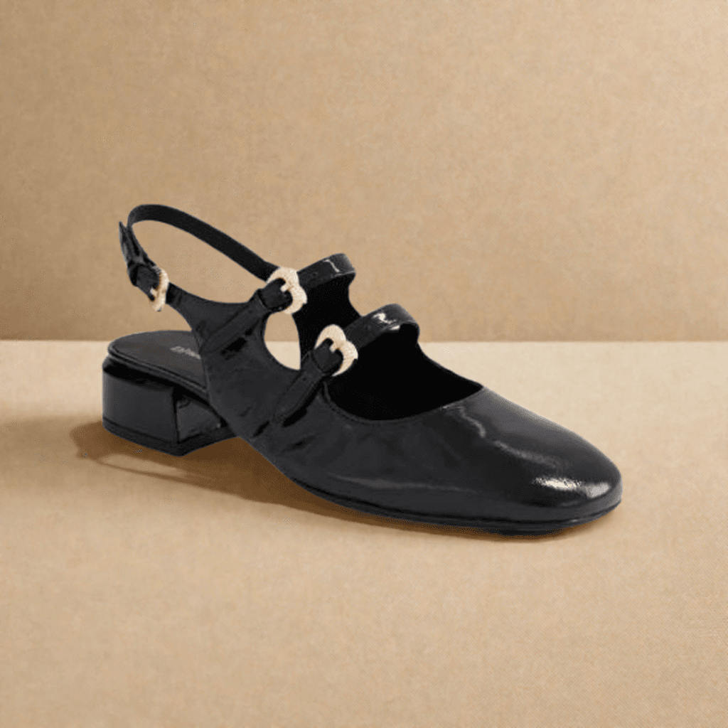 Black Django & Juliette Viraz Slingback Heels displayed on neutral background, highlighting square toe and gold buckle accents.