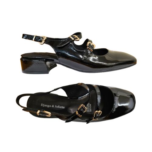 Side and top views of black Django & Juliette Viraz Slingback Heels for women, featuring glossy leather finish and square toe design.