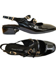 Side and top views of black Django & Juliette Viraz Slingback Heels for women, featuring glossy leather finish and square toe design.
