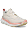 An Ecco light tan mesh sneaker with pink midsole and beige outsole. Laces are white and there is a pink heel tab.