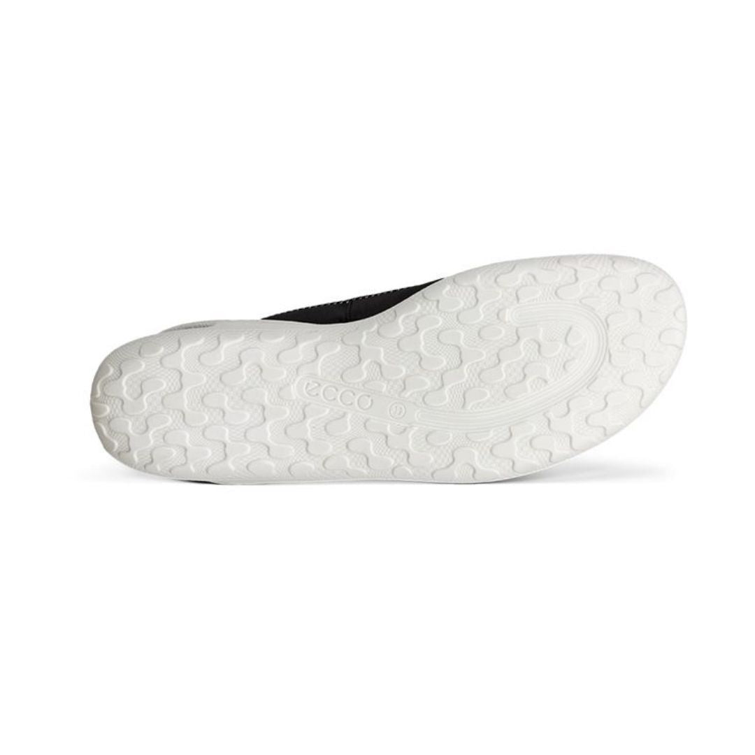 White rubber outsole of sporty ballet flat with bubbly texture tread and Ecco logo in middle.