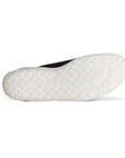 White rubber outsole of sporty ballet flat with bubbly texture tread and Ecco logo in middle.