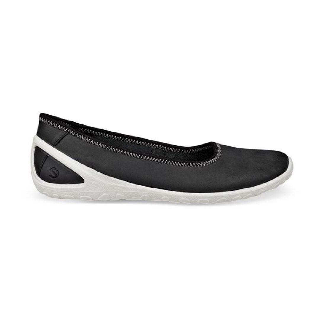 Profile of Black leather sporty ballet Flat with detail white stitching around cuff and a  white outsole.