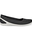 Profile of Black leather sporty ballet Flat with detail white stitching around cuff and a  white outsole.