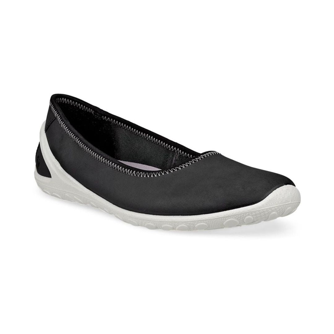 Black leather sporty ballet Flat with detail white stitching around cuff and a  white outsole.
