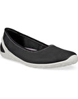 Black leather sporty ballet Flat with detail white stitching around cuff and a  white outsole.