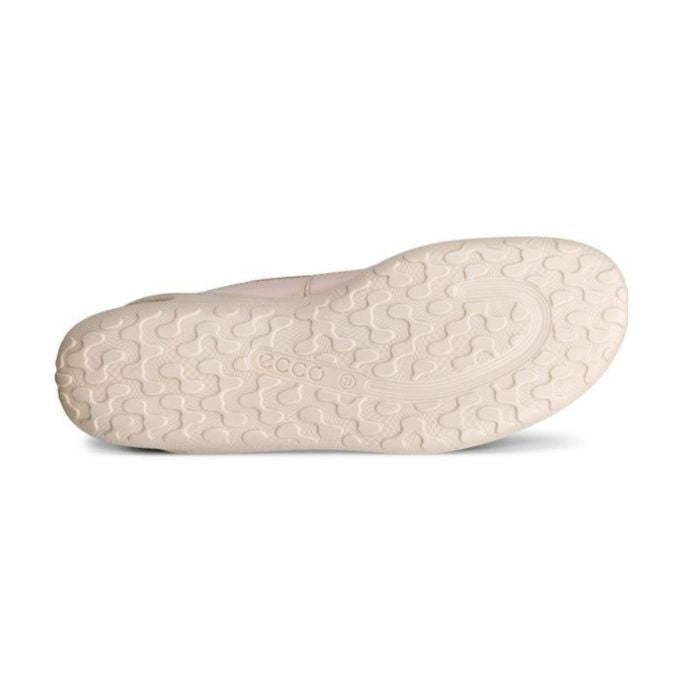 Pink rubber outsole of sporty ballet flat with bubbly texture tread and Ecco logo in middle.