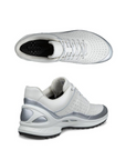 Pair of White athletic shoes with decorative perforations, silver accents, Ecco logo'd footbed and black outsole.