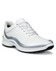 White athletic shoe with decorative perforations, silver accents and black outsole.