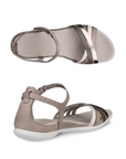 Pair of Grey sandal in varying shades straps crossing over toes, grey Ecco logo'd footbed and white outsole.