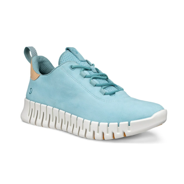 An Ecco light blue leather sneaker with white flexible outsole.