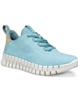 An Ecco light blue leather sneaker with white flexible outsole.