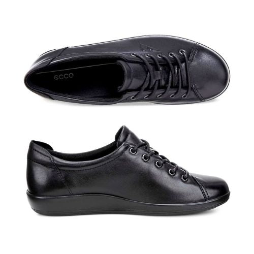 An all black leather sneaker with black eyelets, and black laces. Ecco logo is embossed on the side.
