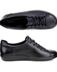 An all black leather sneaker with black eyelets, and black laces. Ecco logo is embossed on the side.
