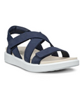 Backstrap sanda in navy with criss-crossing Velcro straps, tan Ecco logo'd footbed and white outsole.