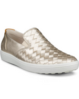An Ecco Slip-On Sneaker with gold thatched appearance with a smooth leather gold heel and a white outsole.