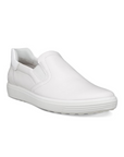 Women's Ecco Soft 7W Slip-On Sneaker in white leather with cushioned collar and flexible PU outsole for all-day comfort and style.