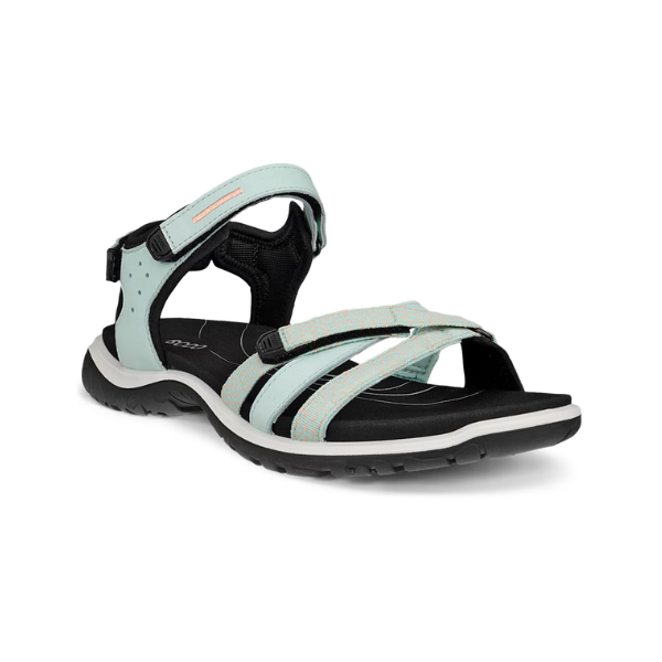 Women's Ecco Yucatan Slim Walking Sandal in mint green with black sole, ideal for outdoor adventures with cushioned support and grip.
