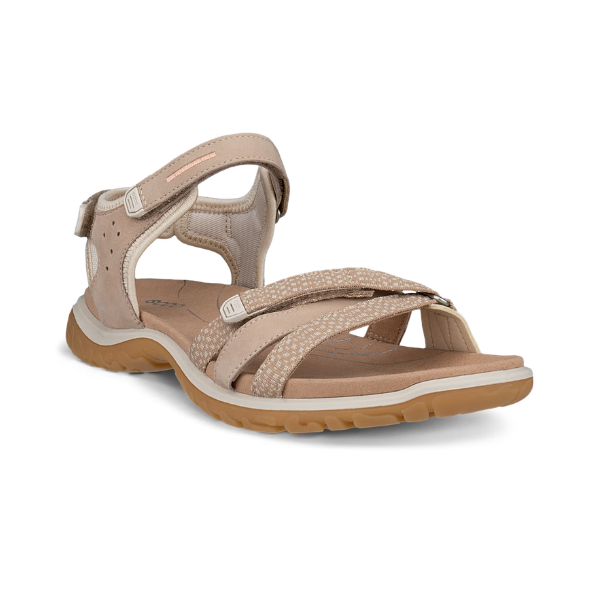 Women's Ecco Yucatan Slim Walking Sandal in beige with cushioned footbed and adjustable straps for outdoor comfort and support.