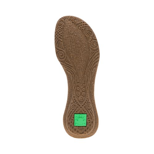 Sole view of El Naturalista N413 sandal with detailed cork tread and green logo, emphasizing sustainable design and slip resistance.