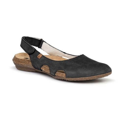 Women's El Naturalista N413 closed-toe leather sandal in black with cork sole and cut-out sides, combining comfort and sustainable fashion.